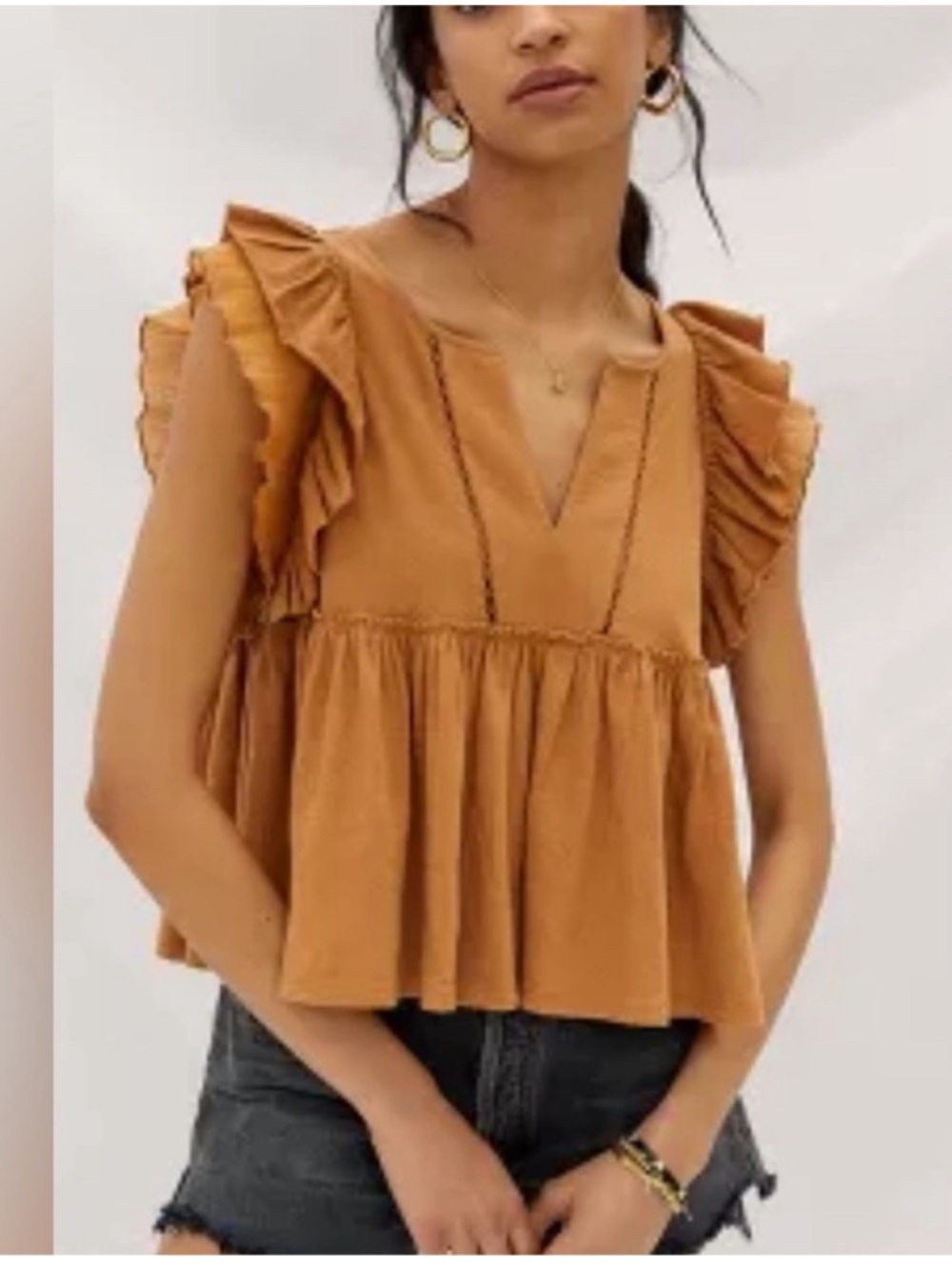 Anthropologie Flutter Sleeve Babydoll Top Camel Caramel
